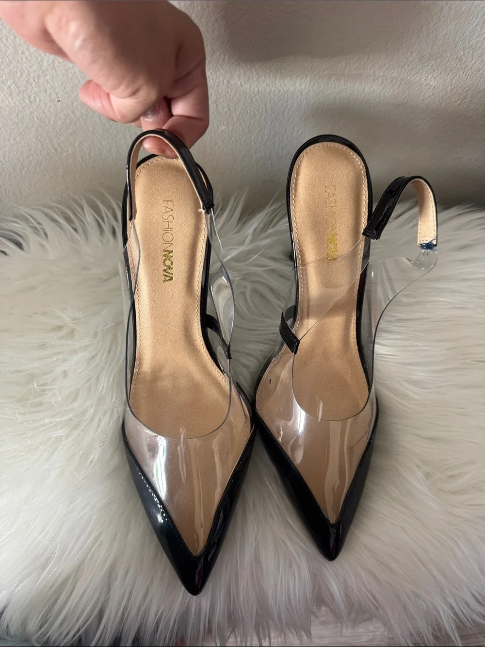 Fashion Nova Black Patent Pointed Slingback Heels with Clear PVC